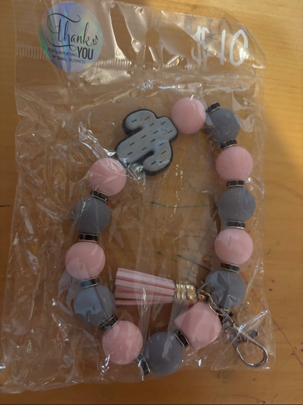 Children's Pink & Gray Beaded Bracelet with Cactus Charm